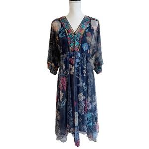 Johnny Was Floral Embroidered Midi Dress - Blue and Pink